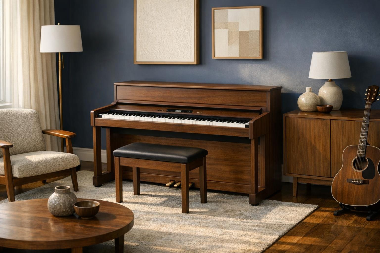 Console or Portable Digital Piano: Choosing a Format AI-generated editorial illustration.