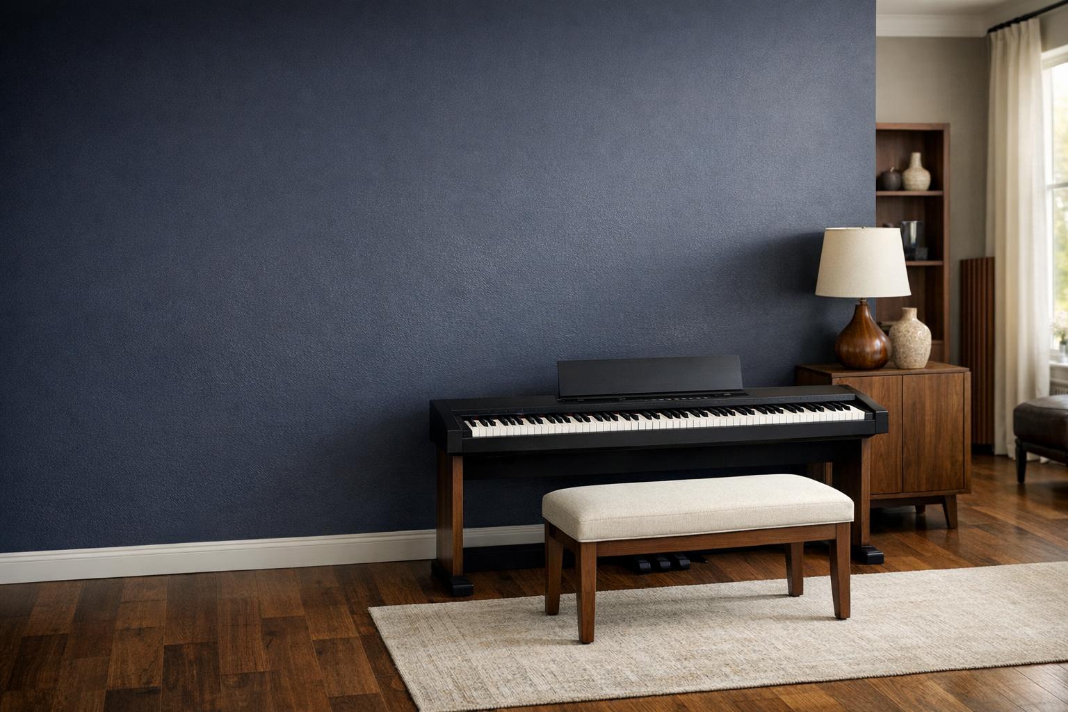 Compare complete 88-key digital pianos by documented action, format and included equipment, with captured reviews and clear evidence limits. AI-generated editorial illustration.