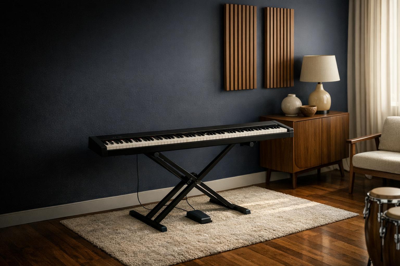 Console cabinets create a dedicated music corner. Portable-format instruments offer more arrangement choices, but still need a stable stand and a suitable bench. AI-generated editorial illustration.